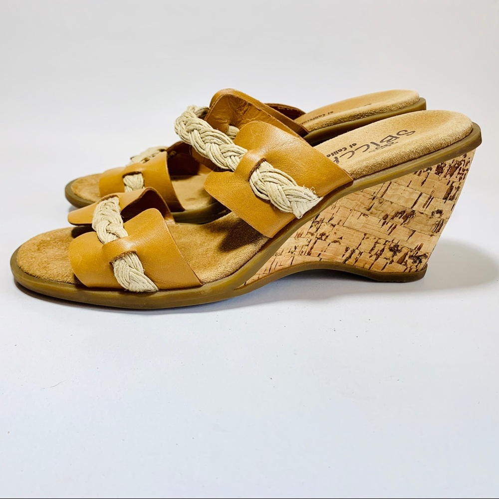 Sbicca Wedge Sandals Leather Cork Boho Tan Sz. 9.5